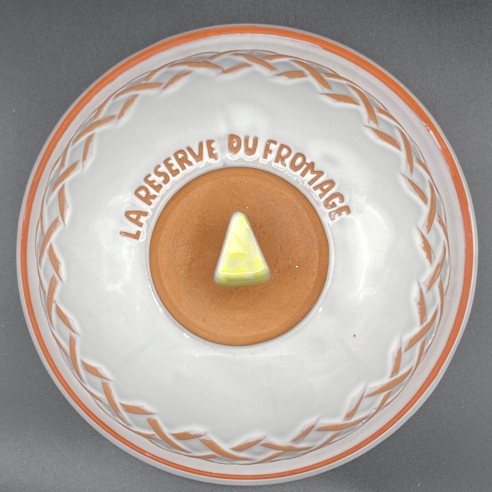Terracotta Cheese Keeper partially glazed in white ceramic.  Plate and dome.